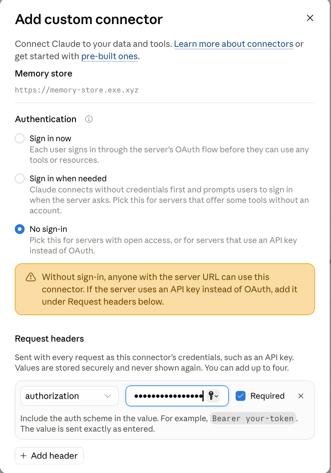 Adding a connector in Claude with an Authorization header